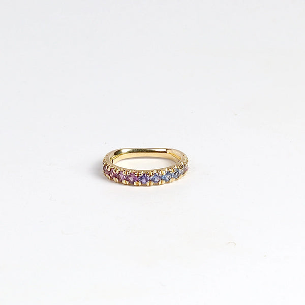 Purple Ombre Sapphire Euro Band by Elizabeth Street Jewelry is a gradient of mid purple to pink rose cut sapphires set into a&nbsp; euro eternity band in 14k gold. This band has a nearly flat back/underside for ultimate comfort and is perfect for stacking. Handmade in Los Angeles.