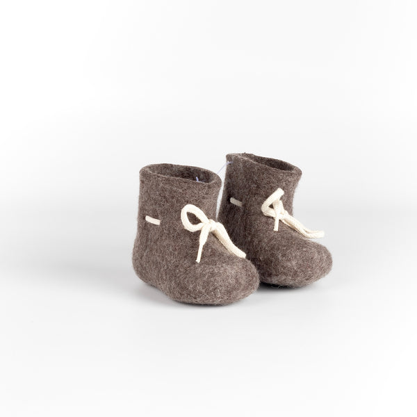 Felt Baby slippers from Glerup are brown baby bootie slippers from Denmark made in wool with laces to stay on.