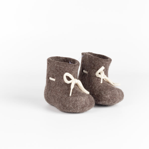 Felt Baby slippers from Glerup are brown baby bootie slippers from Denmark made in wool with laces to stay on.