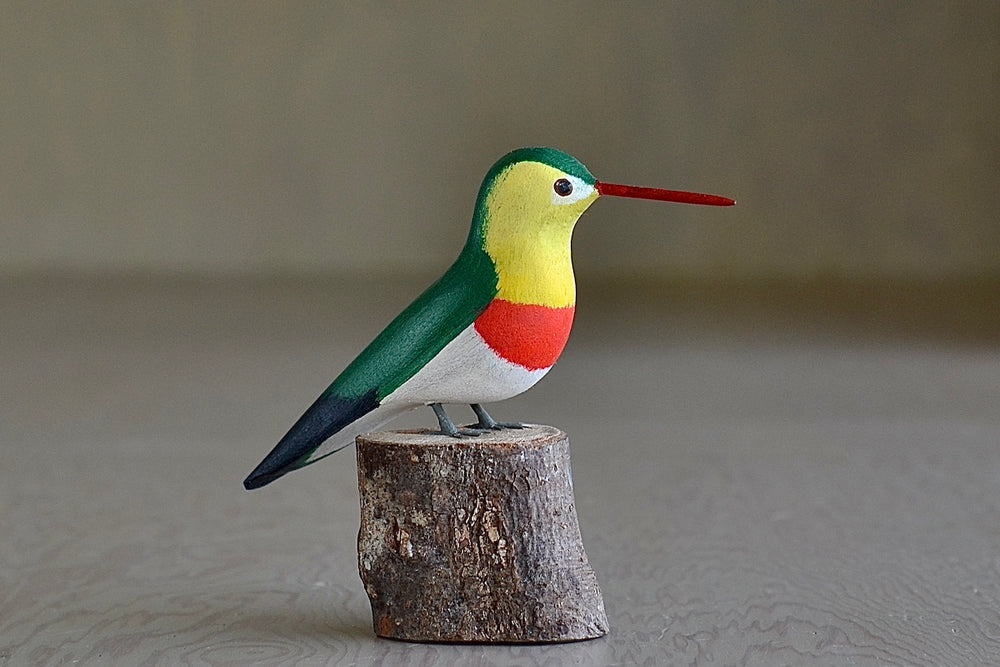 Decorative Wood bird from Brazil - Green Back with red belly Hummingbird.