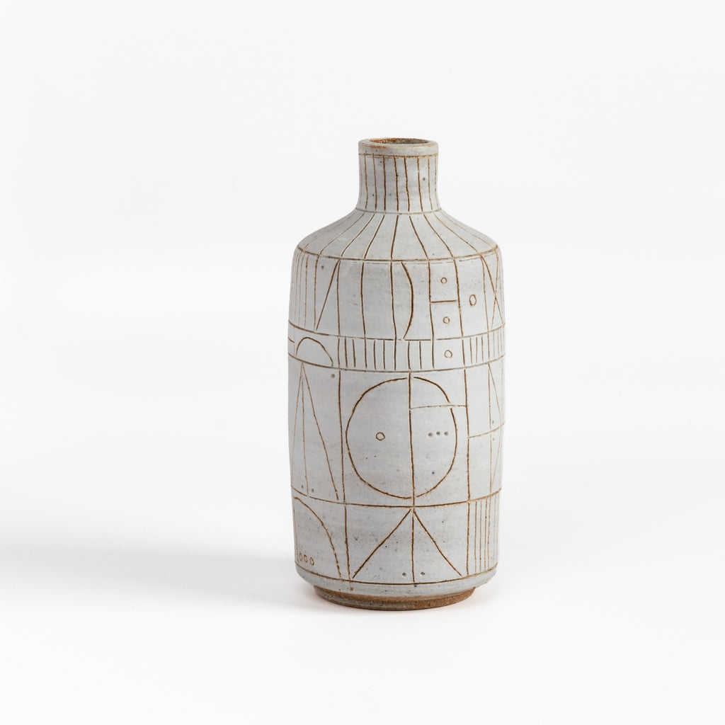 Hand thrown white clay vase 5950 with brown clay sgraffito "Scribe series" by Heather Rosenman on white background.