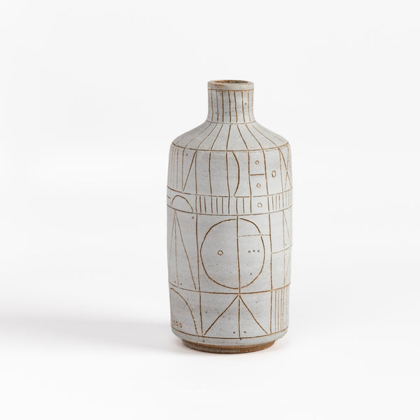 Hand thrown white clay vase 5950 with brown clay sgraffito "Scribe series" by Heather Rosenman on white background.