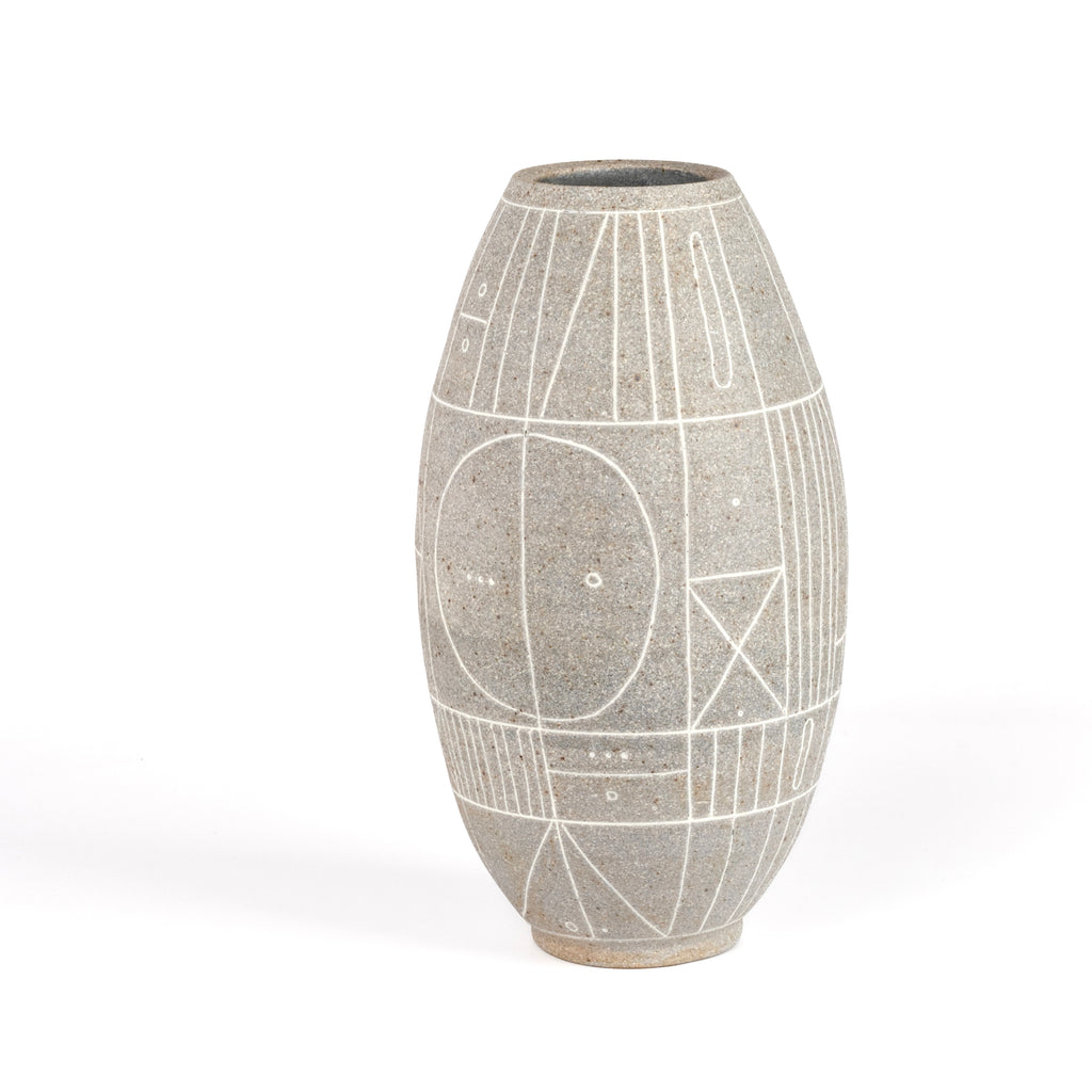 Hand thrown gray grey clay vase with white  sgraffito "Scribe series" by Heather Rosenman.