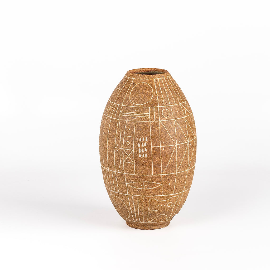 Hand thrown ceramic clay vase in Espresso with white sgraffito "Scribe series" by Heather Rosenman.