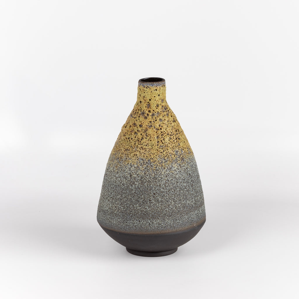 Heather Rosenman Tall Gray to yellow Volcanic glaze ceramic vase.