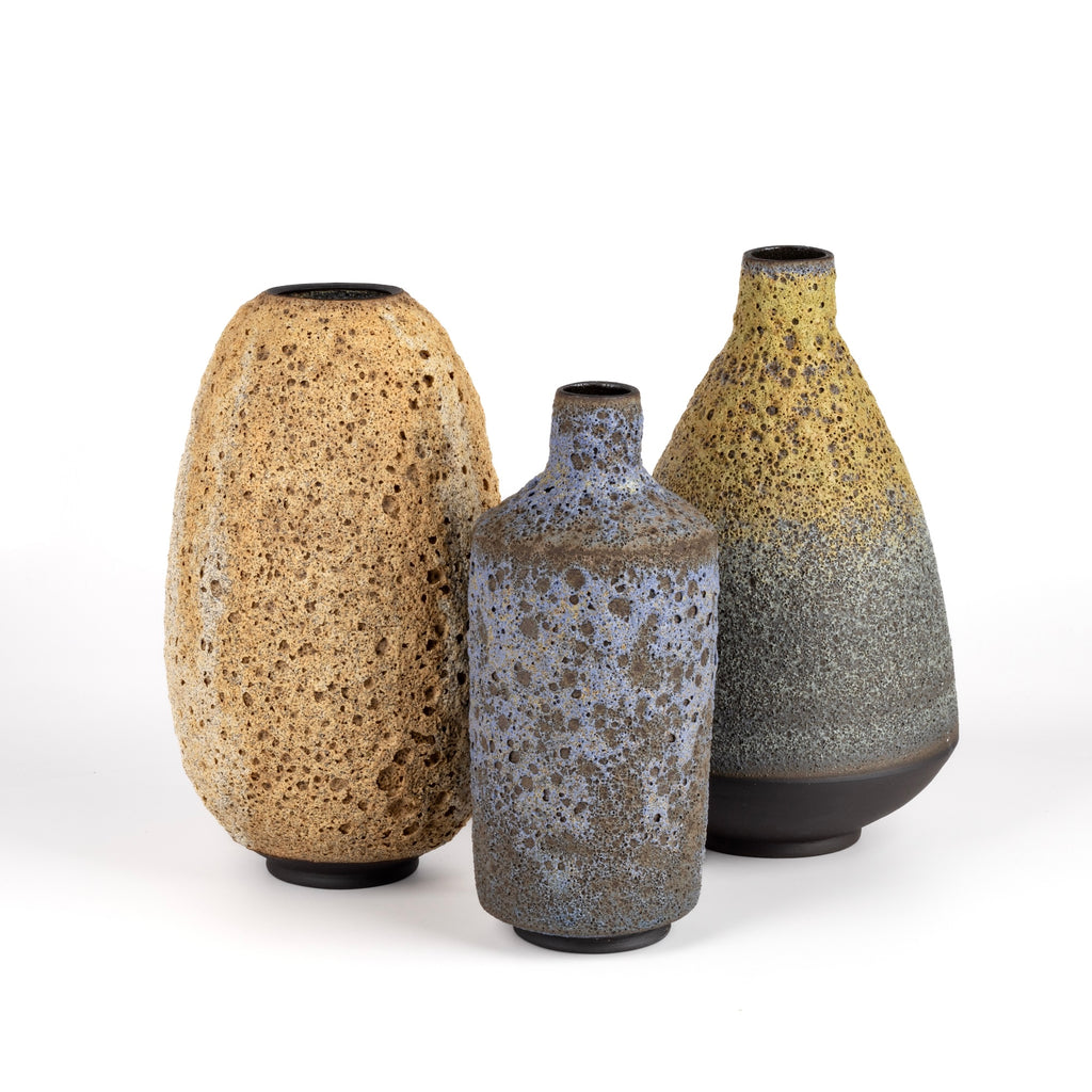 Volcanic glaze bottle vases by Heather Rosenman.