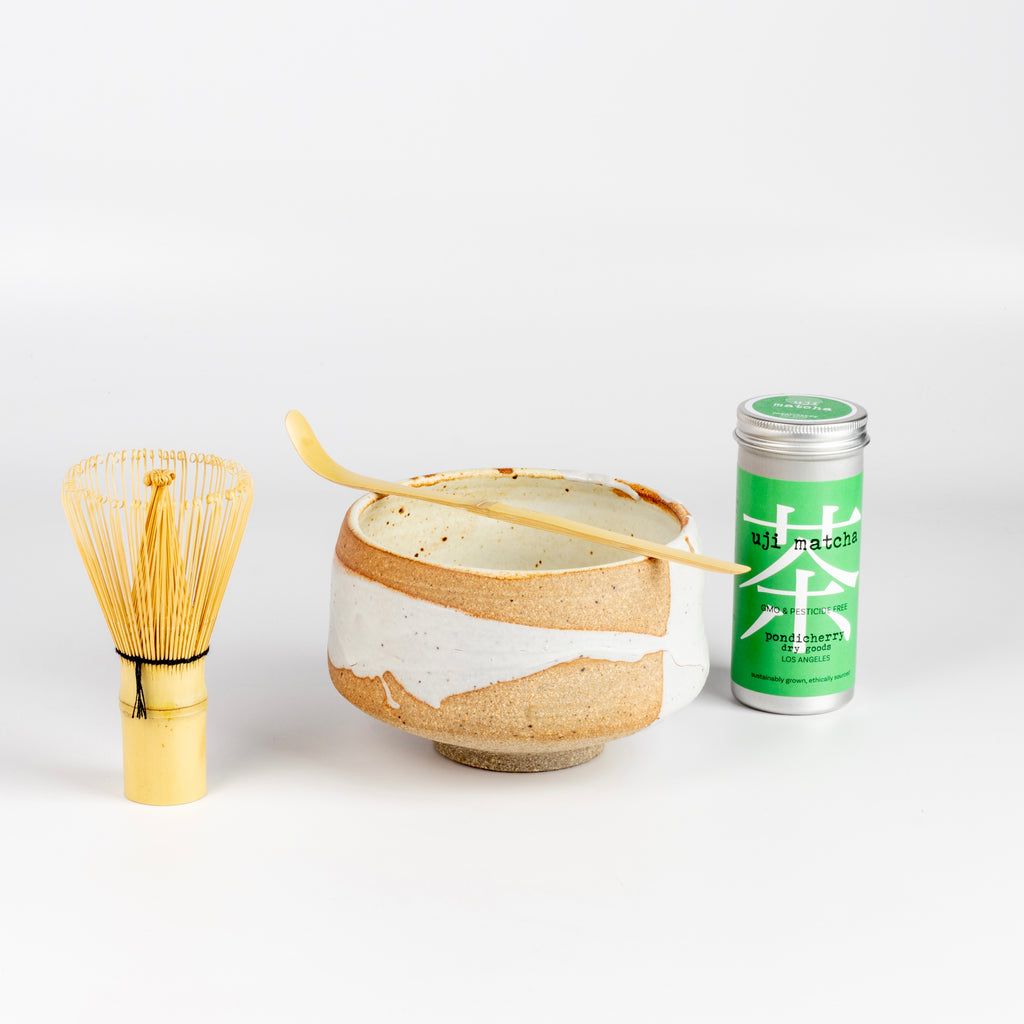 Matcha Bowl Set with Lisa Barnet bowl, Pondicherry Goods uji, spoon and whisk. This one features a light tea bowl.
