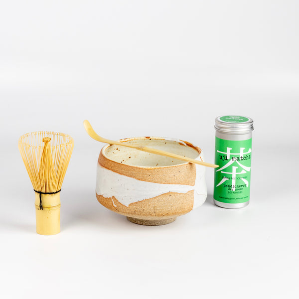 Matcha Bowl Set with Lisa Barnet bowl, Pondicherry Goods uji, spoon and whisk. This one features a light tea bowl.