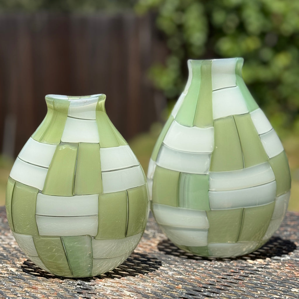 Two  green and white basketweave vases by Robin Mix in 7" and 9"  made and mouth blown in Tunbridge, Vermont.