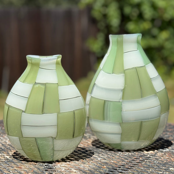 Two  green and white basketweave vases by Robin Mix in 7" and 9"  made and mouth blown in Tunbridge, Vermont.