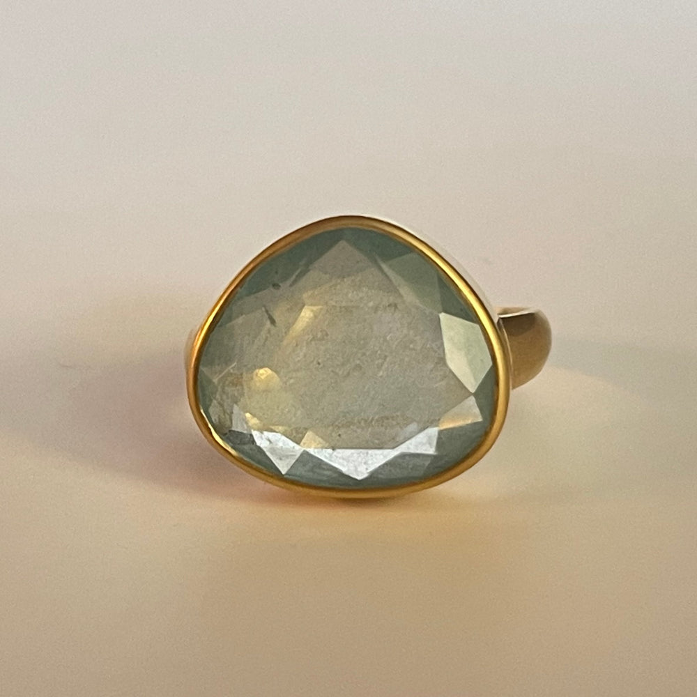 In shop photo of Aquamarine large greek ring.