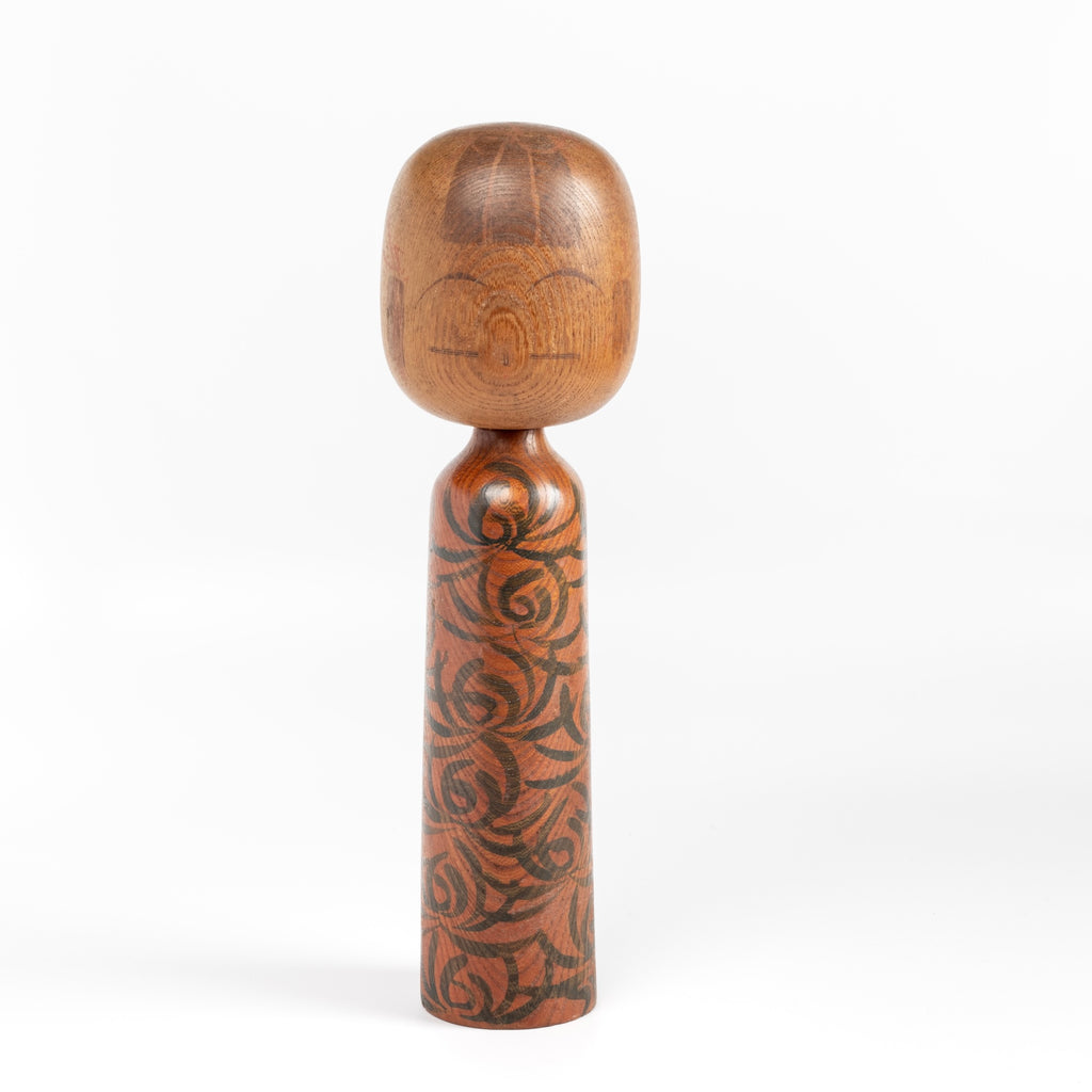 A lovely vintage artisan Kokeshi doll by well known woodworker Kuribayashi Issetsu in dark green, founding father of Sosaku-Creative Movement.  Handmade in Japan. Painted and part of his "Mugen" series..