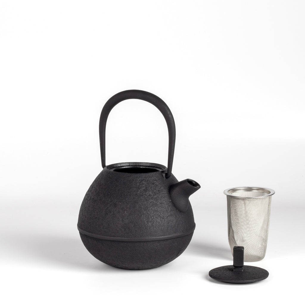Medium Nambu Tetsu Cast Iron Teapot called Egg from Kukan Chuzo in Japan with infuser and lid on white background.