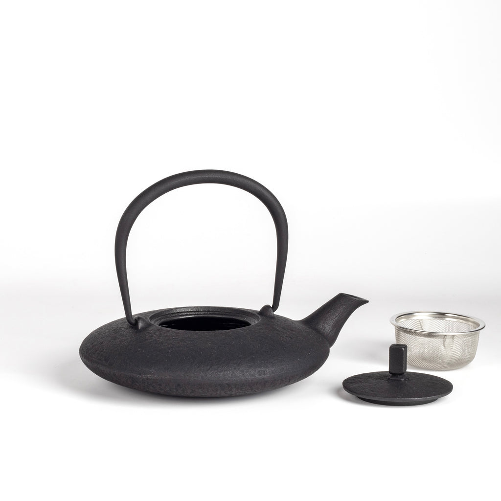Moon cast iron teapot with infuser and lid on white background.