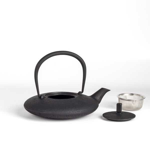Moon cast iron teapot with infuser and lid on white background.
