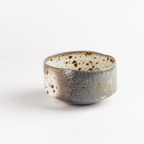Other side of Wood Fired Tea Bowl With Spots on White by Lilith Rockett, a one of a kind wood fired tea bow.