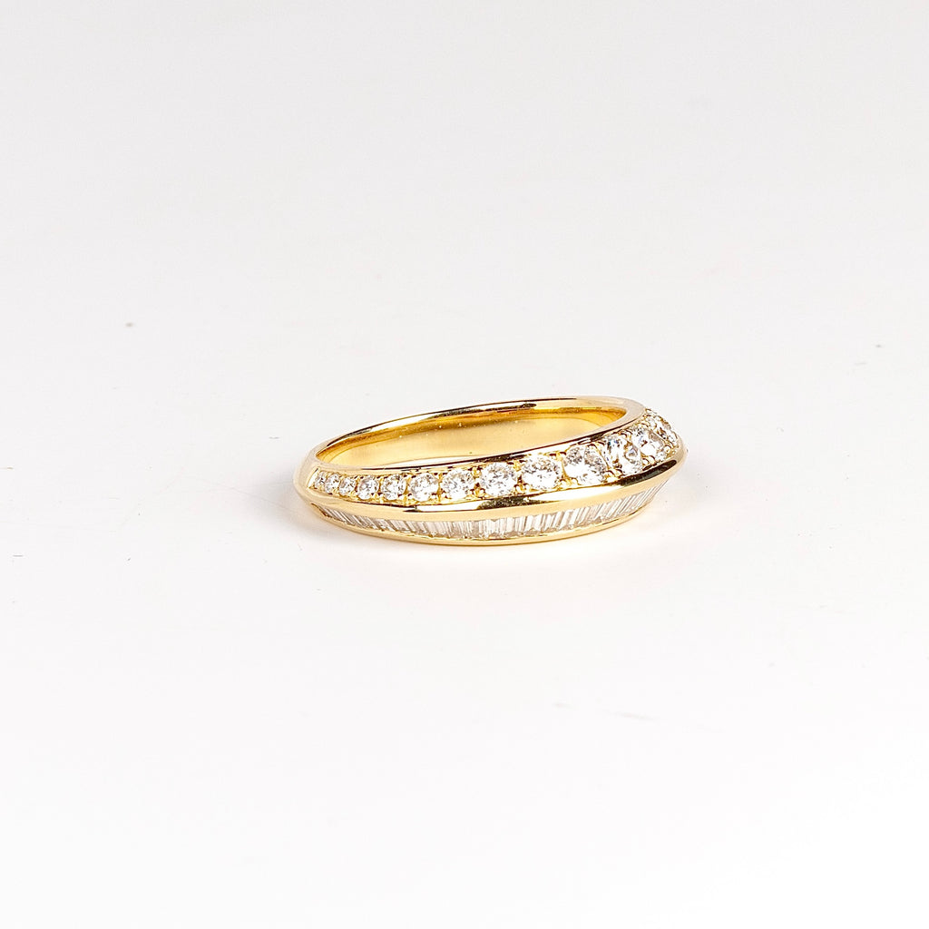 Side view of Baguette and Round Duo Tapered Crescent Band ring by Lizzie Mandler Jewelry in 18k gold.