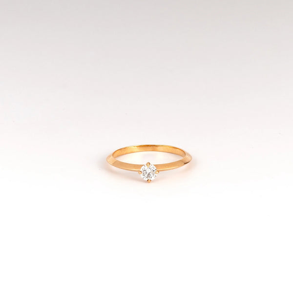 Lizzie Mandler Petite Knife Edge Solitaire ring diamond brilliant cut prong setting 18k rose gold on white background.