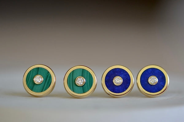 Two pairs of Retrouvai Stud (studs) Earrings with stone inlay and accent diamond in 14k yellow gold in Malachite and Lalpis Lazuli.