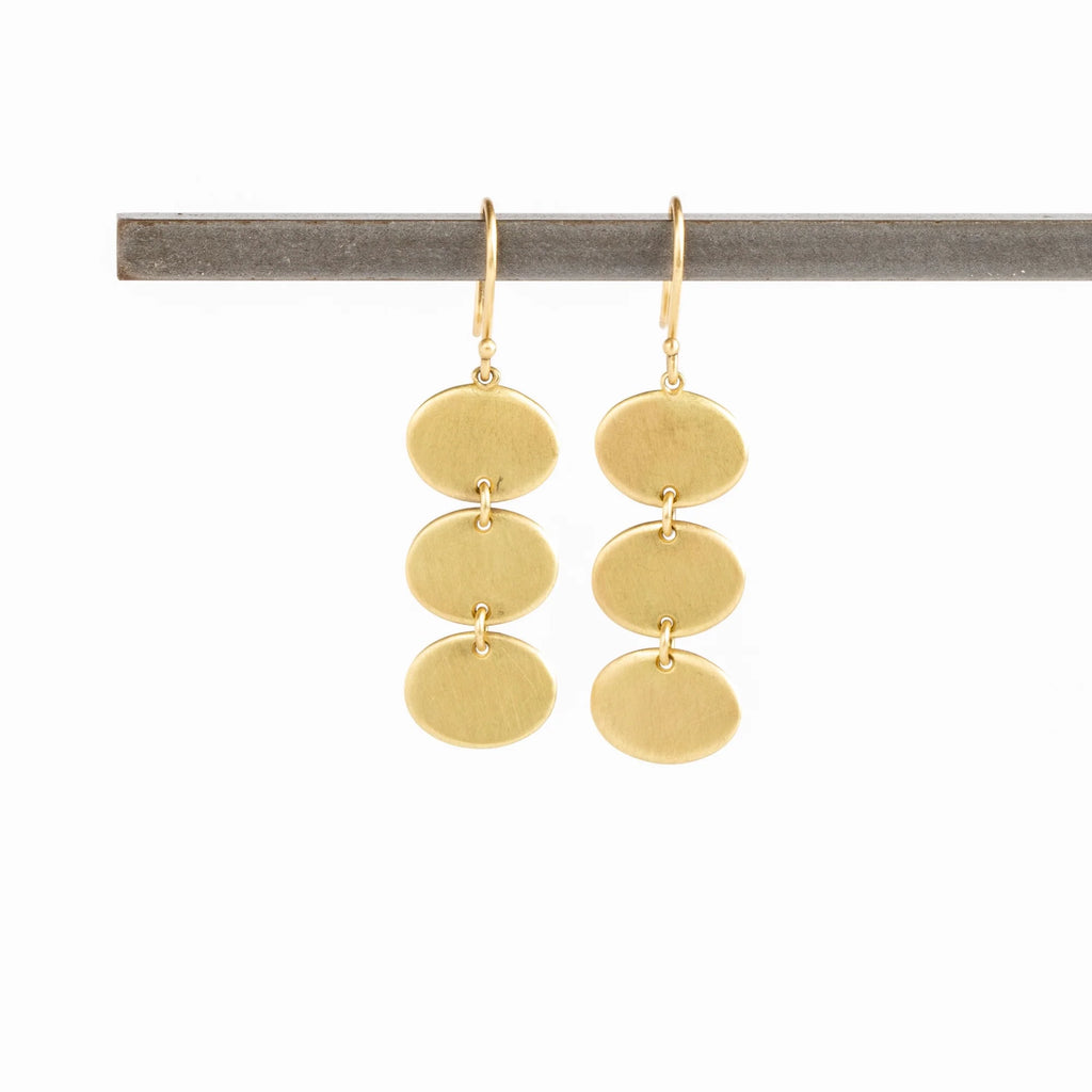 Three tier Rain earrings by Marian Maurer in triple tier and 18k yellow brushed and polished gold. Best everyday earrings.