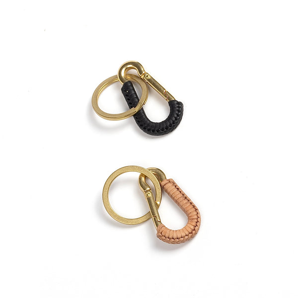 Black and natural leather carabiner clip or key fob in brass, braided in leather by Matthew Ready. Handmade in Los Angeles.