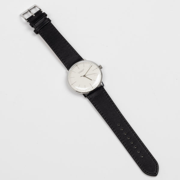 Full Image of Max Bill 38mm Automatic Watch White Dial with Lines but no date is a modernist classic designed wrist watch with black 20mm leather band.
