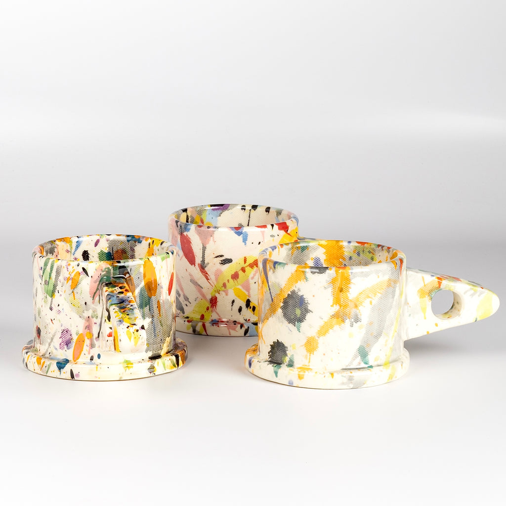 EXP Standard Splatter Mugs by Peter Shire and Echo Park Pottery in beautiful spring colors.