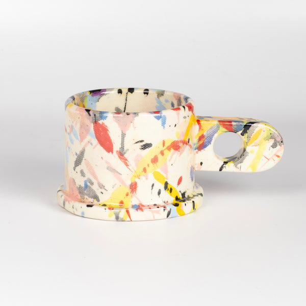 EXP Standard Splatter Mug in Yellow, Peach, Pink, Blue and Black by Peter Shire and Echo Park Pottery..