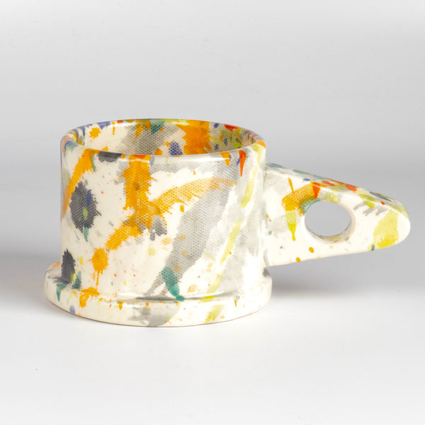 EXP Standard Splatter Mug in Yellow, Orange, Green, Blue and Gray is a large glazed ceramic mug by Peter Shire and Echo Park Pottery.