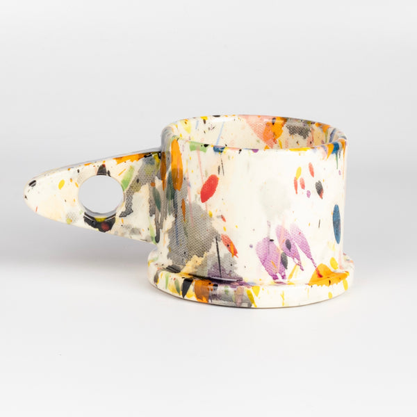EXP Standard Splatter Mug in Black, Gray, Yellow, Purple and Red is a large glazed ceramic mug with a triangular handle, made by Peter Shire and Echo Park Pottery.