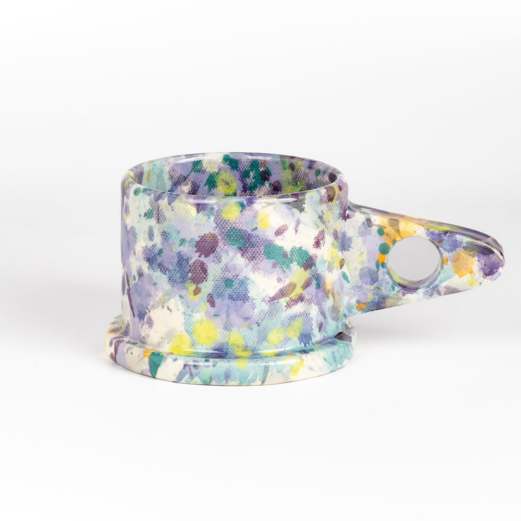 EXP Standard Splatter Mug in Purple, Lime Green and Orange designed by Peter Shire for Echo Park Pottery.