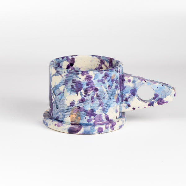 EXP Standard Splatter Mug in Purple and Blue with Peach Spot designed by Peter Shire for Echo Park Pottery.