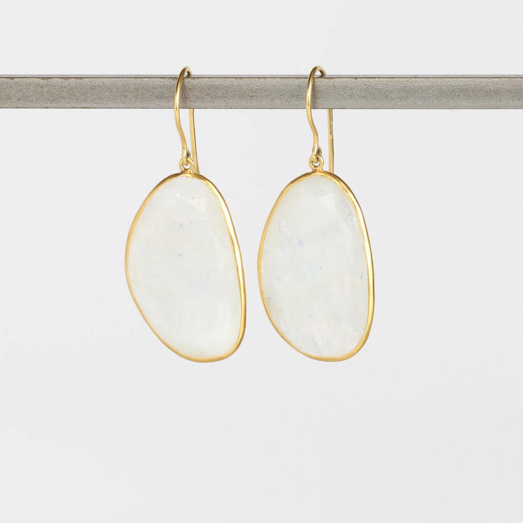 Large Drop Rainbow Moonstone Earrings by Pippa Small on white background.
