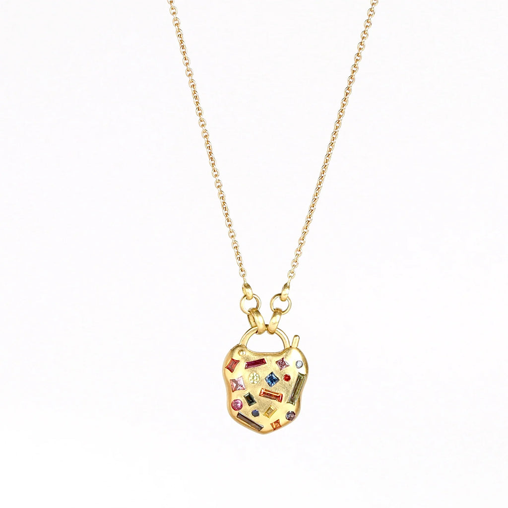 The Small Harlequin Coeur de Confetti Padlock Necklace by Polly Wales on white background.