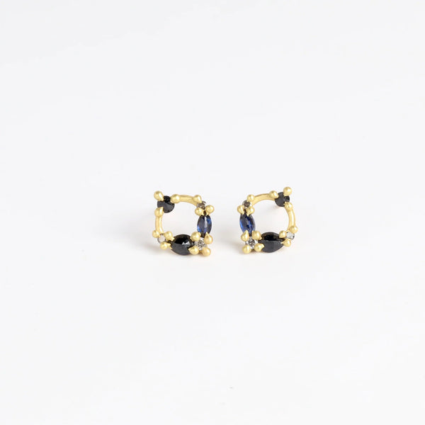 Polly Wales Des Goutes de Rosee Stud Earrings studs in Midnight Fade 18k Yellow Recycled Gold Blue and black sapphires and white diamonds. 