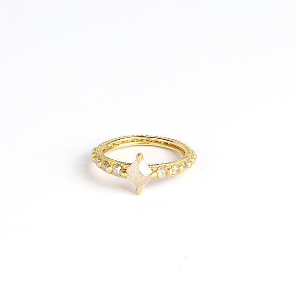 One of a kind OOAK Ghost Diamond ring by Polly Wales iin size 6.5 is a custom ring with central fancy white diamond&nbsp;(~1.07CT) and gradiating colored side accent stones on a Rapunzel band. Cast in Place. Cast not set. Handcrafted in Los Angeles.