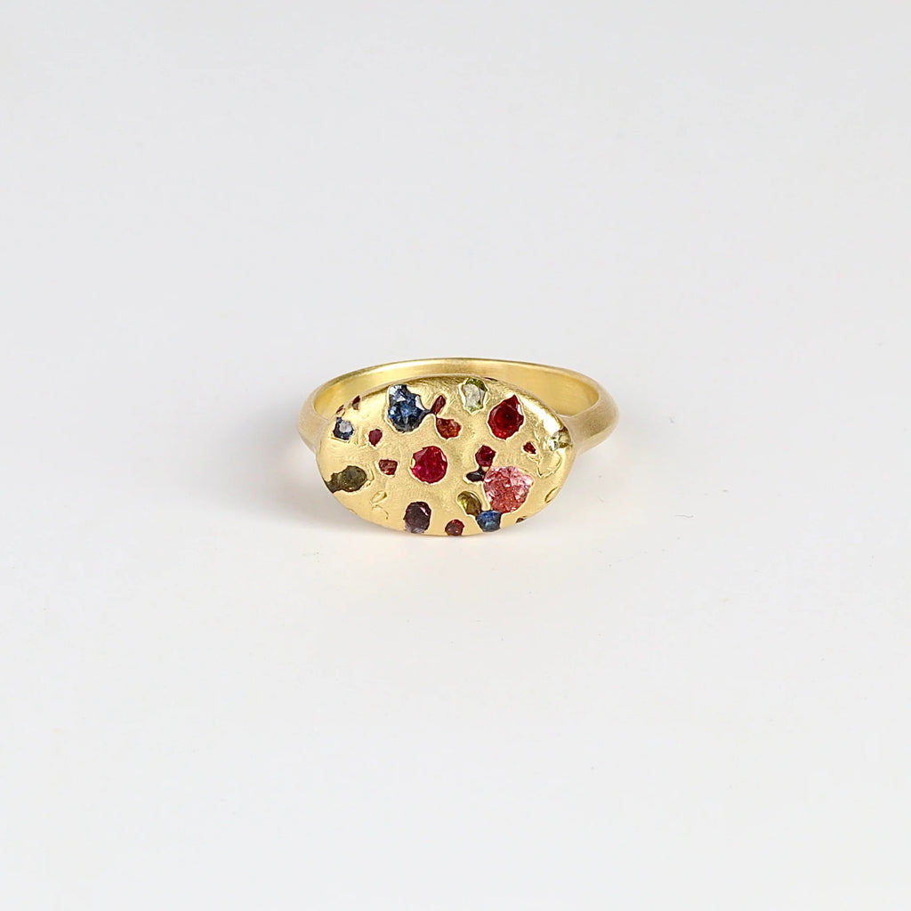 Polly Wales Elysian Ring in Rainbow sapphires (red, pink, blue, purple, green) with knife edge band in 18k recycled yellow gold that is cast not set confetti signet or pinky ring on white background.