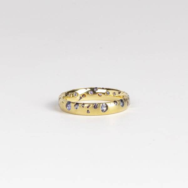 Purple Confetti Ring by Polly Wales in size 7.5 is a narrow 18k yellow gold band with speckled purple sapphires around the circumference for a beautiful confetti-like appearance. Recycled gold. Cast not set. Handmade in Los Angeles.