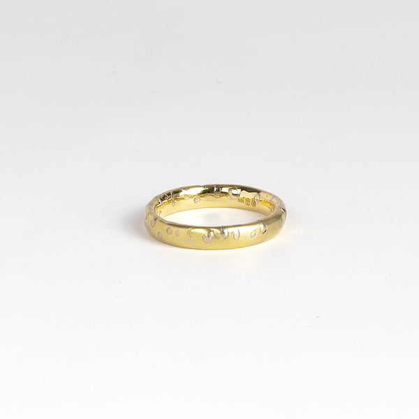 Narrow Grain Ring by Polly Wales is an 18k yellow gold band with grains of yellow gold speckled through out -reminiscent of the classic confetti band. Cast not set. Handmade in Los Angeles. Size 9.5
