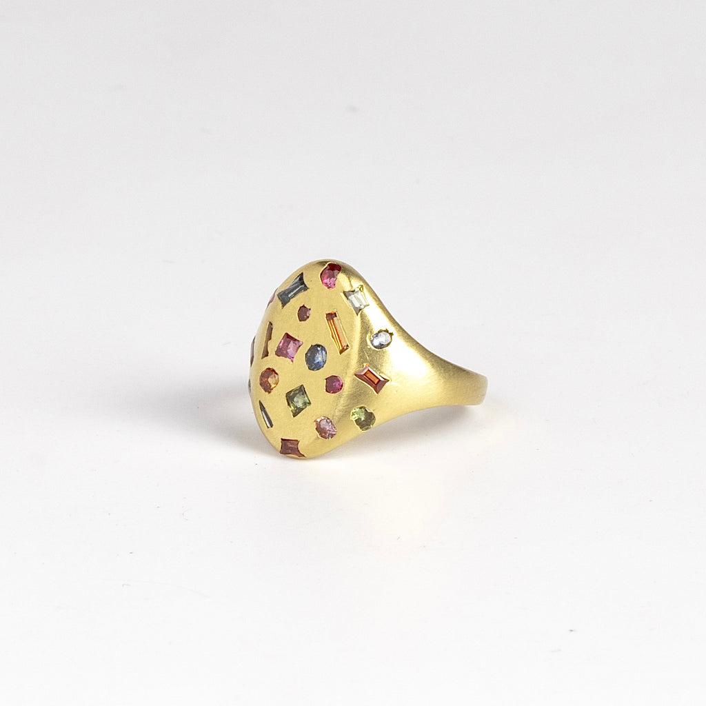 Side view of Rainbow Harlequin Confetti Classic Signet ring by Polly Wales in 18k yellow gold.
