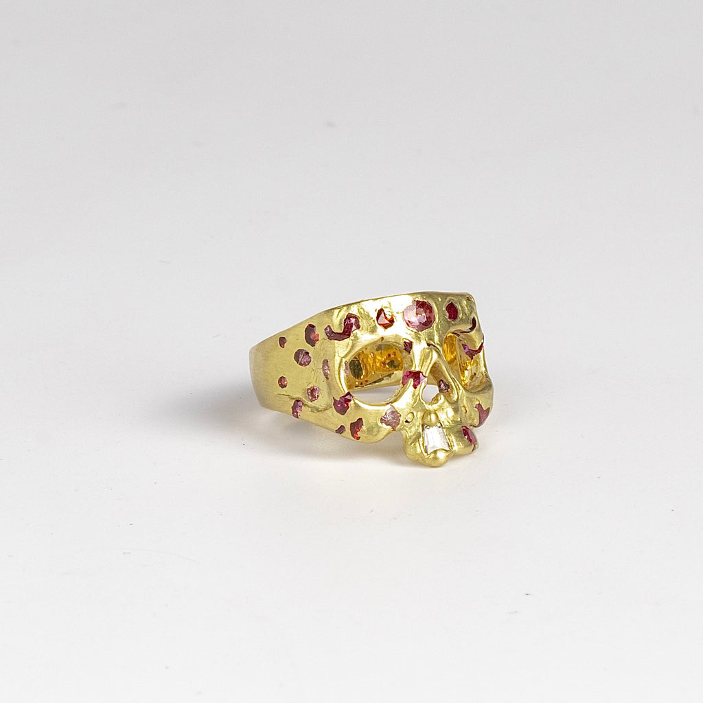 Alternate side view of Mini Confetti Skull Plum Blossom signet ring by Polly Wales 