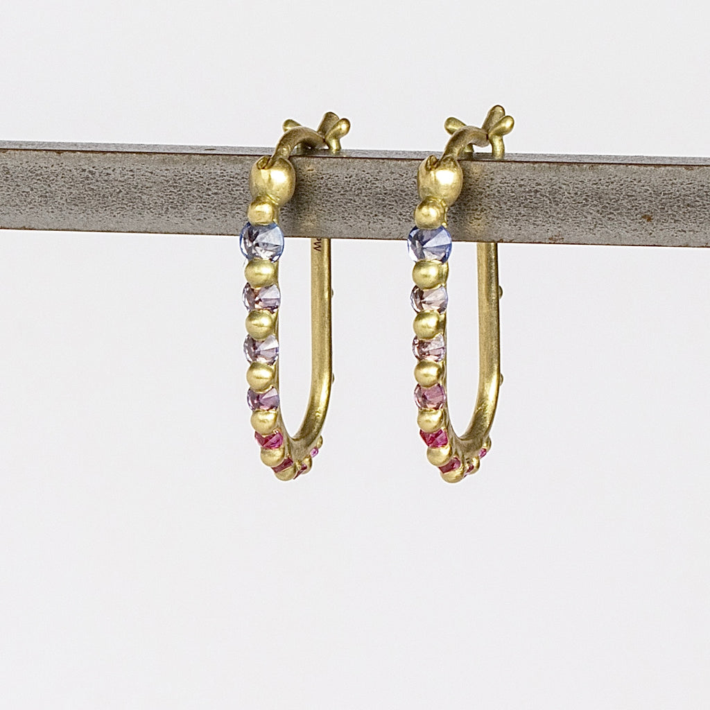 Ularis Hoops Hoop Earrings in one of a kind OK Exclusive color way of purple to pink by Polly Wales in 18k gold and sapphires.
