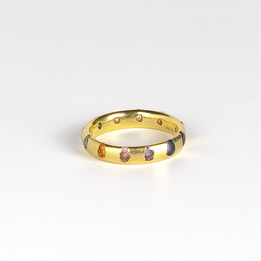 Celeste Ring in Blossom Crush by Polly Wales is a wide 18k recycled yellow gold band with sparkly rainbow sapphires in orange, yellow, green, pink, blue and purple peppered around the circumference. Recycled gold. Cast in Place. Cast not set. Handmade in Los Angeles.