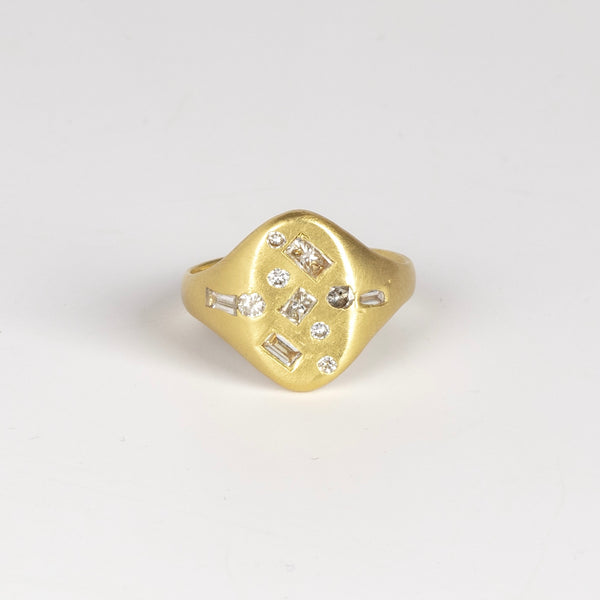 Harlequin Diamond Confetti Signet by Polly Wales in  matte 18k gold and mixed cut white diamonds size 6.5.