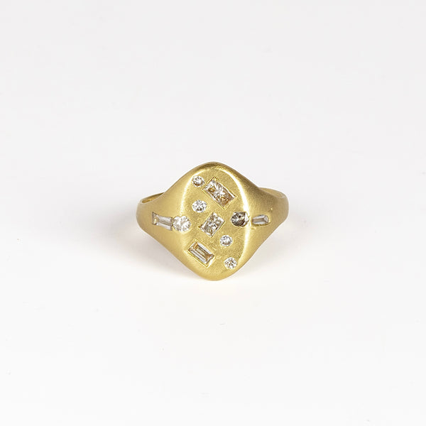 Harlequin Mixed Cut Diamond Confetti Signet by Polly Wales in  matte 18k gold and mixed cut white diamonds size 6.5.
