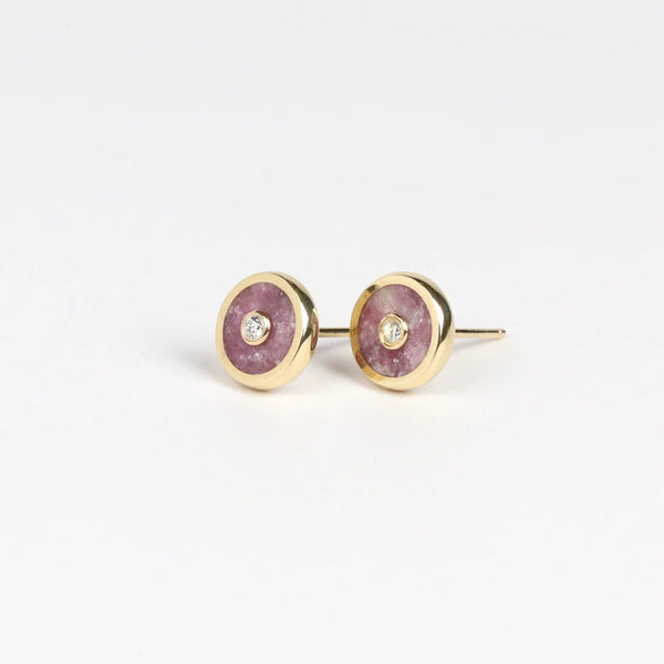Side view of Retrouvai Stud Earrings stone inlay accent diamond 14k yellow gold bezel studs in Lepidolite.