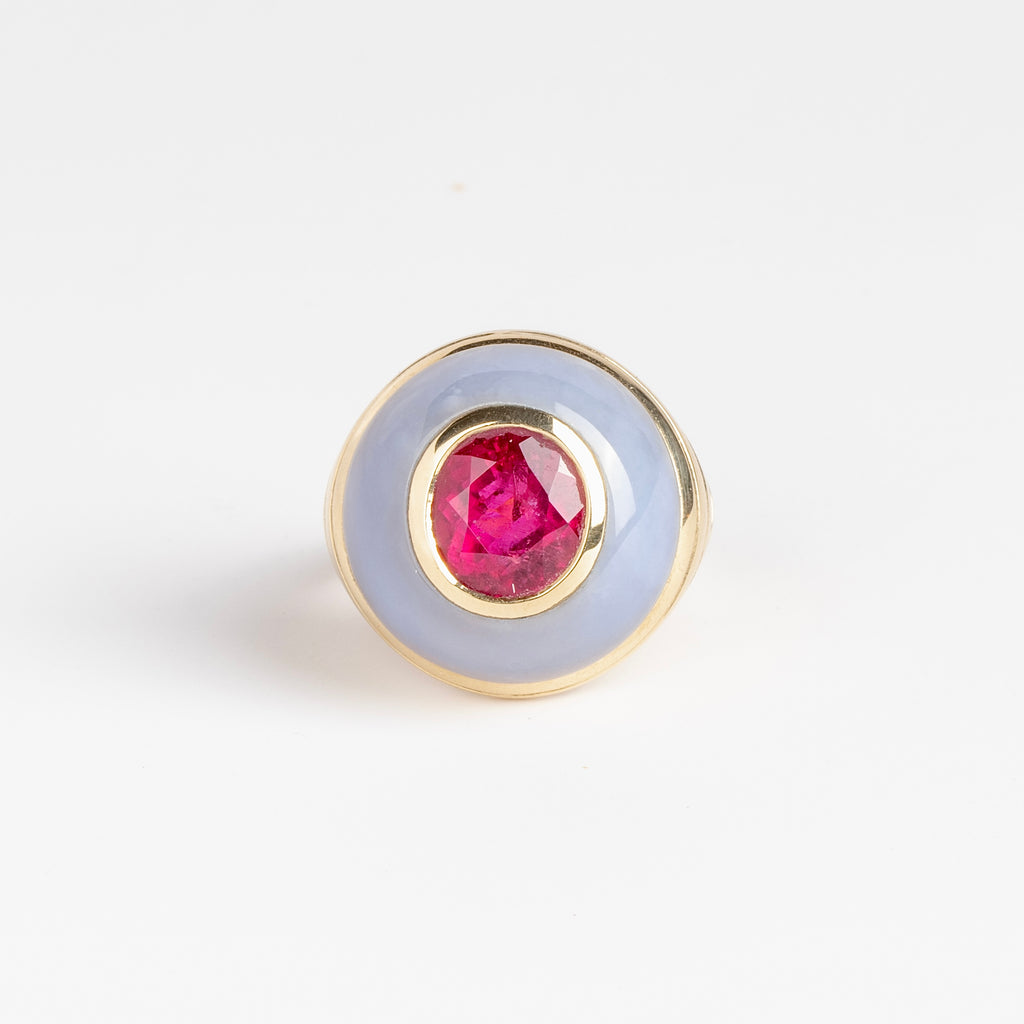 Petite Lollipop Ring Rubellite Oval in Chalcedony by Retrouvai in size 6.5