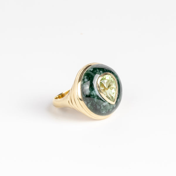 Side view of Petite Lollipop Ring in Tourmaline Pear and Green Jade by Retrouvai 