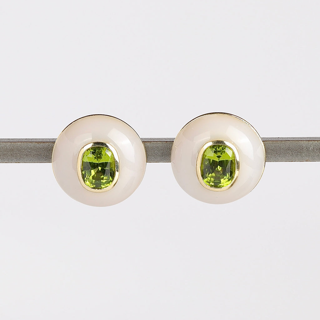 Lollipop Button Earrings Cushion Peridot in Chalcedony by Retrouvai.