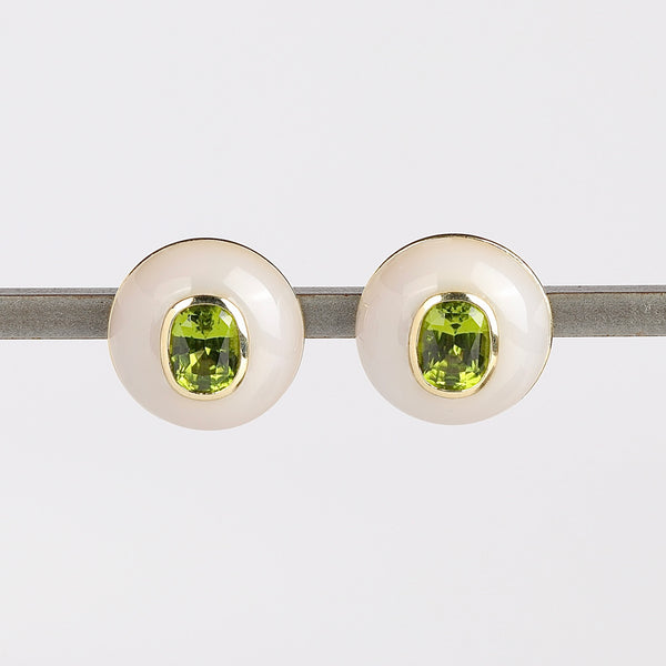 Lollipop Button Earrings Cushion Peridot in Chalcedony by Retrouvai.